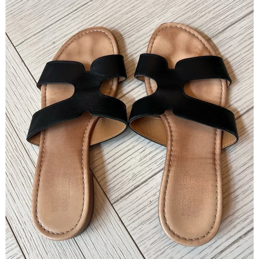 Coach women's size 6‎ black leather slide flat sandals. Boho. Beach. Casual.